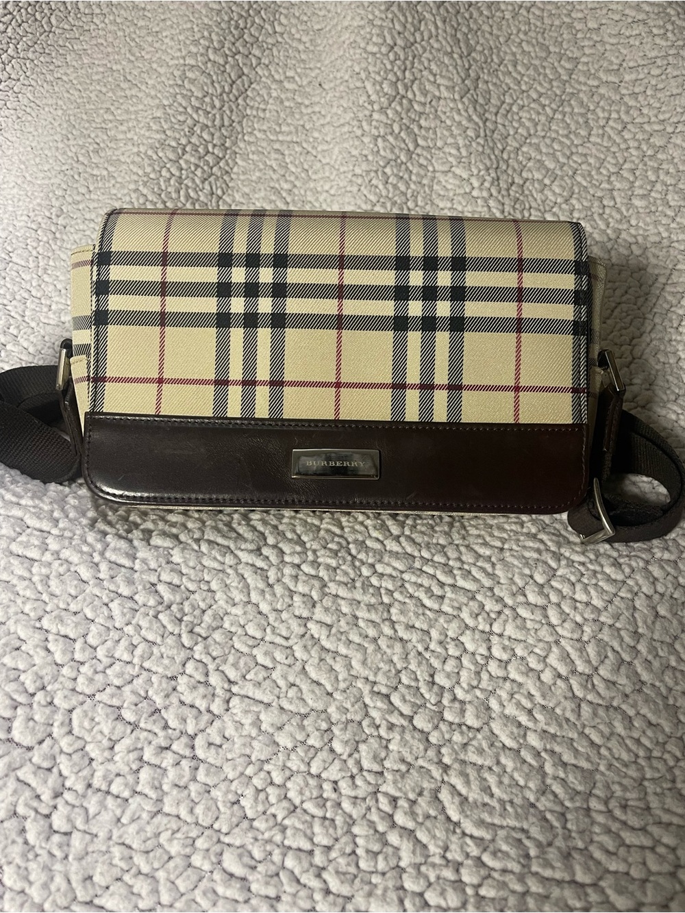 Burberry Beige Check Crossbody with Brown Leather Trim